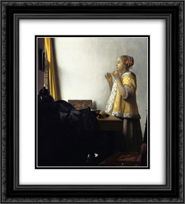 Young Woman with a Pearl Necklace 20x22 Black Ornate Wood Framed Art Print Poster with Double Matting by Vermeer, Johannes