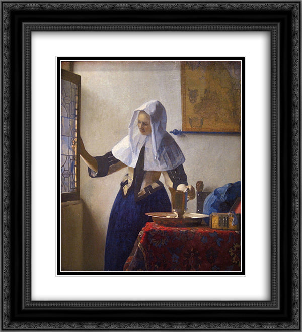 Young Woman with a Water Pitcher 20x22 Black Ornate Wood Framed Art Print Poster with Double Matting by Vermeer, Johannes