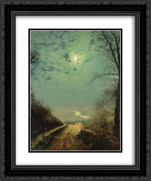 A Wet Road By Moonlight, Wharfedale 20x24 Black Ornate Wood Framed Art Print Poster with Double Matting by Grimshaw, John Atkinson