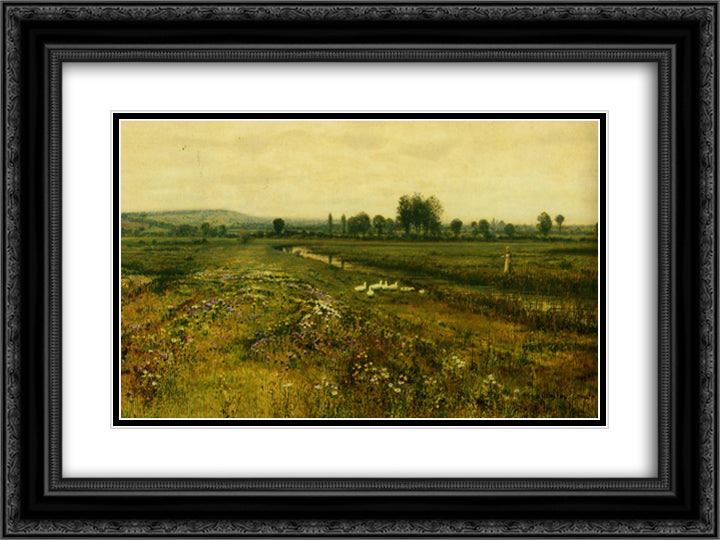 An Extensive Meadow Landscape with Geese by a Stream 24x18 Black Ornate Wood Framed Art Print Poster with Double Matting by Grimshaw, John Atkinson