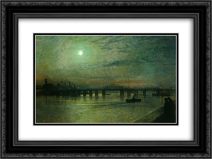 Battersea Bridge 24x18 Black Ornate Wood Framed Art Print Poster with Double Matting by Grimshaw, John Atkinson