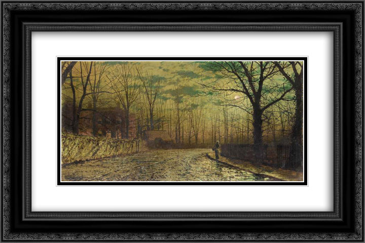 Figure on a moonlit lane 24x16 Black Ornate Wood Framed Art Print Poster with Double Matting by Grimshaw, John Atkinson