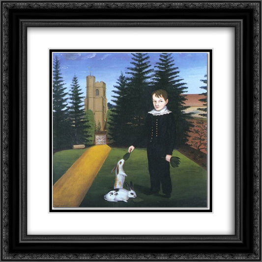 Young Boy Feeding Rabbits 20x20 Black Ornate Wood Framed Art Print Poster with Double Matting by Bradley, John