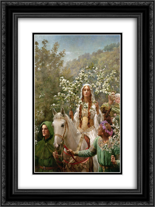 Queen Guinevre's Maying 18x24 Black Ornate Wood Framed Art Print Poster with Double Matting by Collier, John