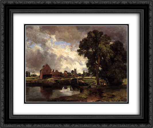 Dedham Lock and Mill 24x20 Black Ornate Wood Framed Art Print Poster with Double Matting by Constable, John