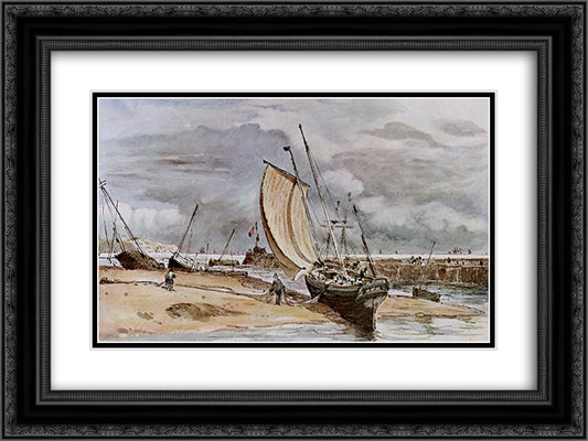 Fokstone harbour 24x18 Black Ornate Wood Framed Art Print Poster with Double Matting by Constable, John