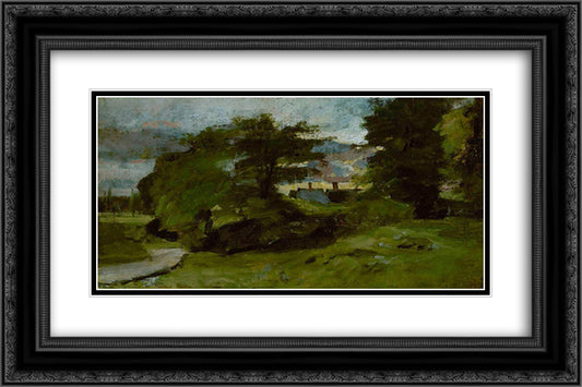 Landscape with Cottages 24x16 Black Ornate Wood Framed Art Print Poster with Double Matting by Constable, John