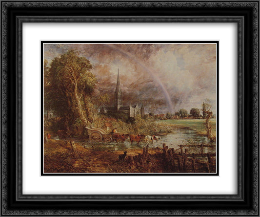 Salisbury Cathedral From the Meadows 24x20 Black Ornate Wood Framed Art Print Poster with Double Matting by Constable, John