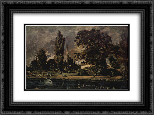 The view of Salisbury Cathedral from the river, with the house of the Archdeacon Fischer 24x18 Black Ornate Wood Framed Art Print Poster with Double Matting by Constable, John