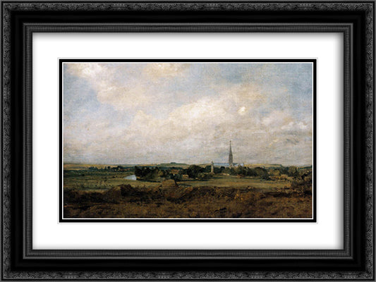 View of Salisbury 24x18 Black Ornate Wood Framed Art Print Poster with Double Matting by Constable, John