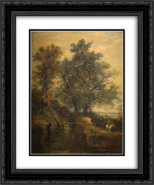 A Stream, Bridge, Trees and Two Figures in a Landscape 20x24 Black Ornate Wood Framed Art Print Poster with Double Matting by Crome, John