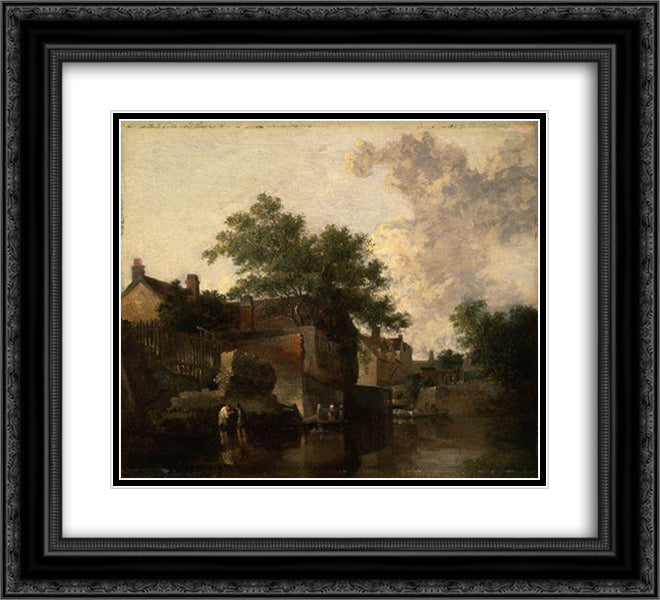 New Mills, Norfolk Men Wading 22x20 Black Ornate Wood Framed Art Print Poster with Double Matting by Crome, John
