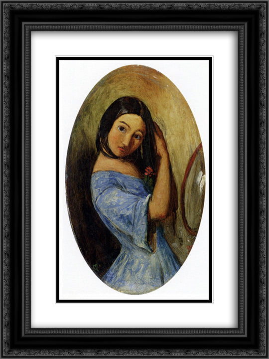 A Young Girl-Combing Her Hair 18x24 Black Ornate Wood Framed Art Print Poster with Double Matting by Millais, John Everett