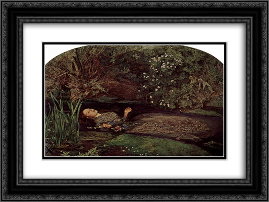 Ophelia 24x18 Black Ornate Wood Framed Art Print Poster with Double Matting by Millais, John Everett