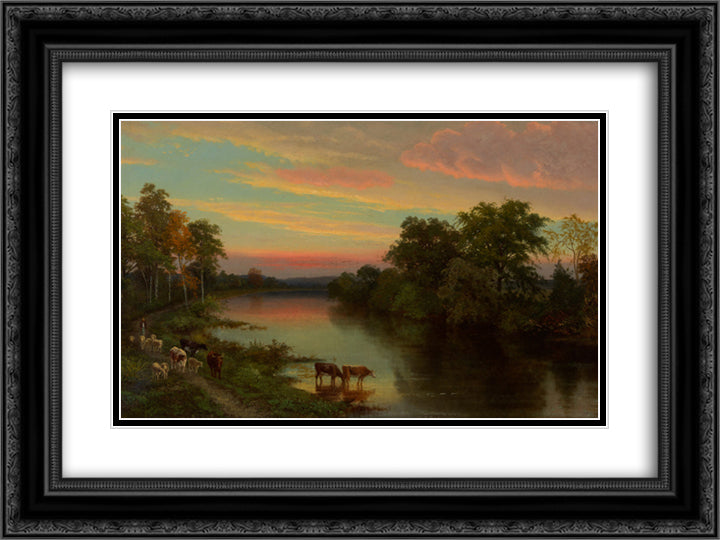 Sunset with Cows 24x18 Black Ornate Wood Framed Art Print Poster with Double Matting by Kensett, John Frederick