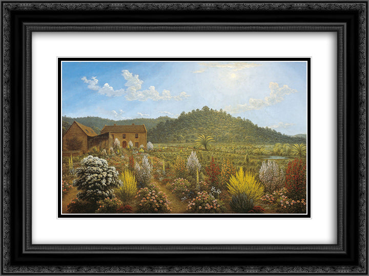 A view of the artist's house and garden, in Mills Plains, Van Diemen's Land 24x18 Black Ornate Wood Framed Art Print Poster with Double Matting by Glover, John