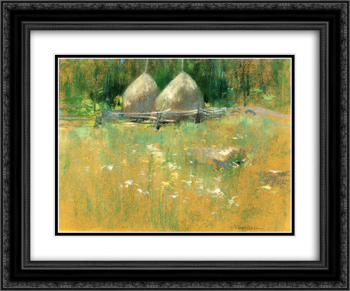 Haystacksat Edge of Woods 24x20 Black Ornate Wood Framed Art Print Poster with Double Matting by Twachtman, John Henry