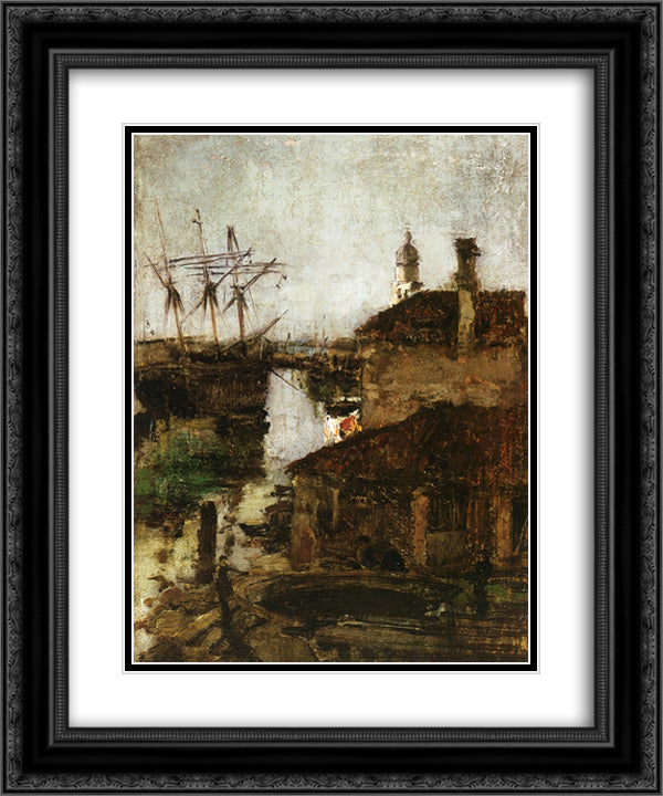 Ship and Dock, Venice 20x24 Black Ornate Wood Framed Art Print Poster with Double Matting by Twachtman, John Henry
