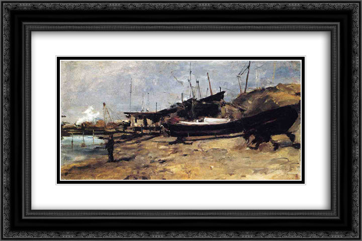 The Boat Yard 24x16 Black Ornate Wood Framed Art Print Poster with Double Matting by Twachtman, John Henry
