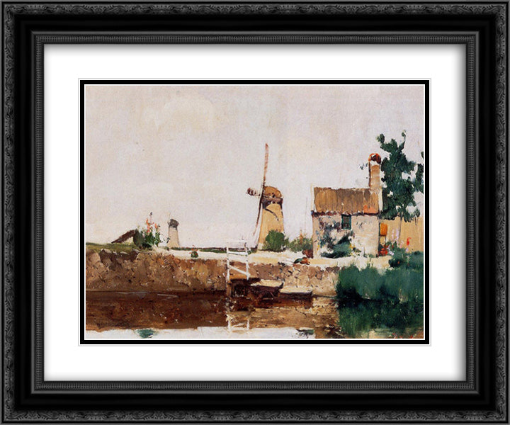 Windmills, Dordrecht 24x20 Black Ornate Wood Framed Art Print Poster with Double Matting by Twachtman, John Henry