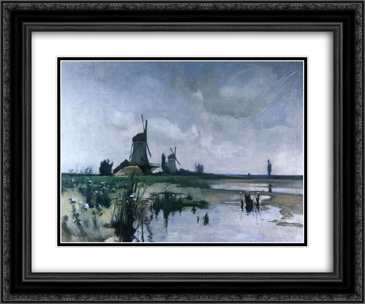 Windmills 24x20 Black Ornate Wood Framed Art Print Poster with Double Matting by Twachtman, John Henry