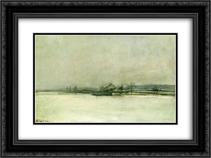 Winter Landscape with Barn 24x18 Black Ornate Wood Framed Art Print Poster with Double Matting by Twachtman, John Henry