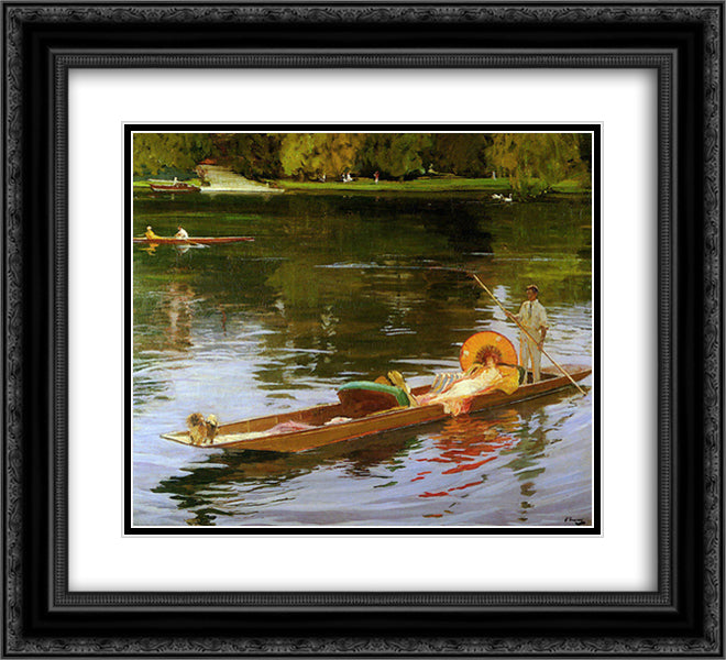 Boating on the Thames 22x20 Black Ornate Wood Framed Art Print Poster with Double Matting by Lavery, John
