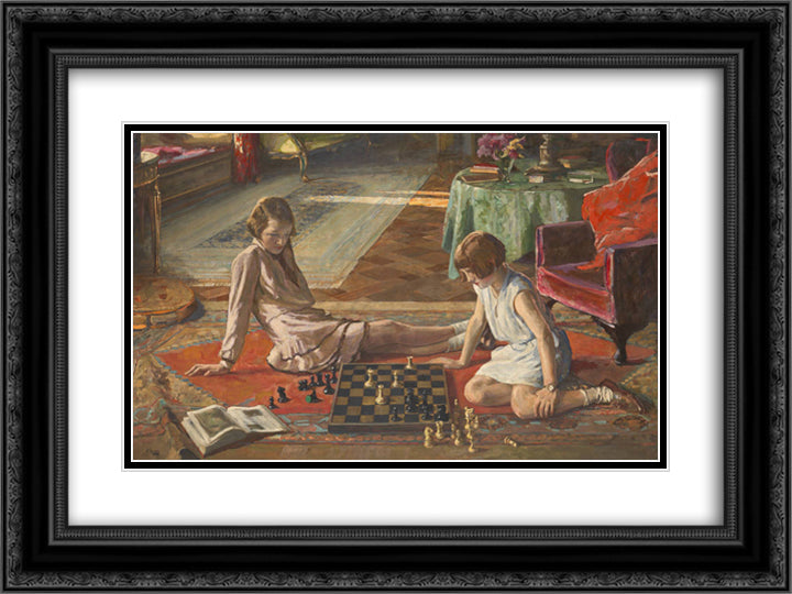 The Chess Players 24x18 Black Ornate Wood Framed Art Print Poster with Double Matting by Lavery, John