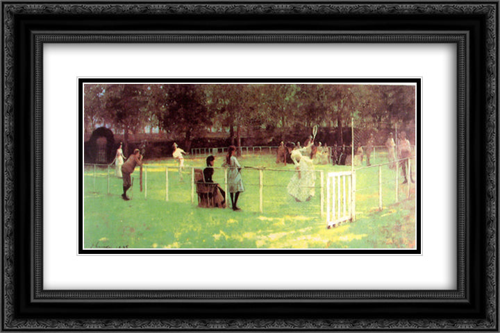 The Tennis Party 24x16 Black Ornate Wood Framed Art Print Poster with Double Matting by Lavery, John