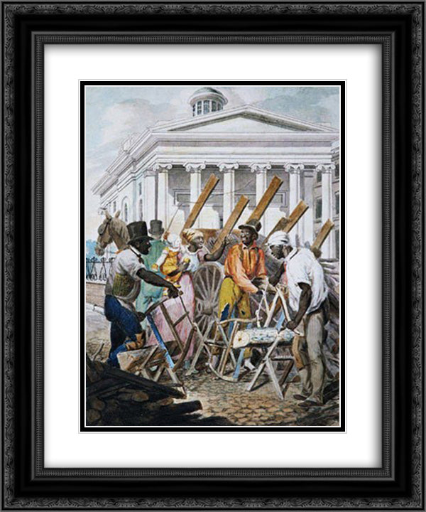 Black Sawyers Working in Front ot the Bank of Pennsylvania, Philadelphia 20x24 Black Ornate Wood Framed Art Print Poster with Double Matting by Krimmel, John Lewis