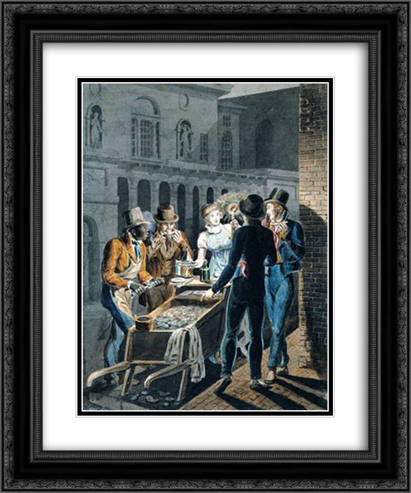 Nightlife in Philadelphia - An Oyster Barrow in front of the Chestnut Street Theater 20x24 Black Ornate Wood Framed Art Print Poster with Double Matting by Krimmel, John Lewis