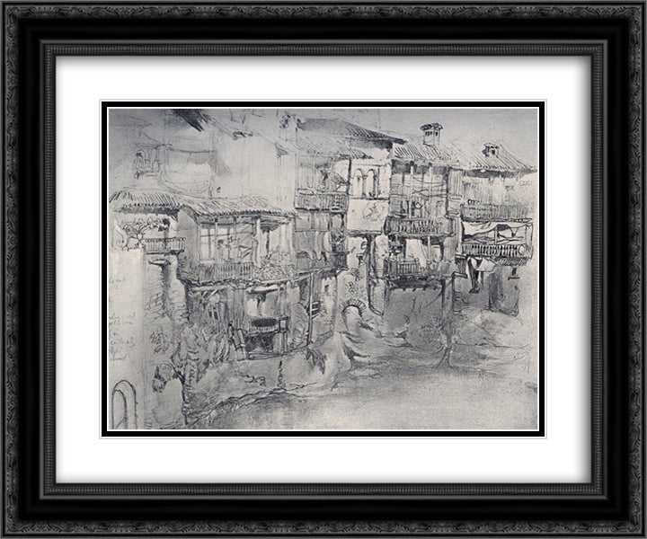An Italian Village 24x20 Black Ornate Wood Framed Art Print Poster with Double Matting by Ruskin, John