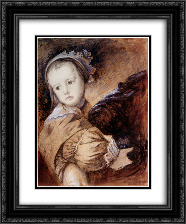Copy of a Girl in Van Dyck's portrait of The Wife of Colyn de Nole and her daughter 20x24 Black Ornate Wood Framed Art Print Poster with Double Matting by Ruskin, John