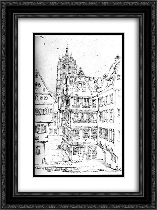 Houses and Cathedral Spire Ulm 18x24 Black Ornate Wood Framed Art Print Poster with Double Matting by Ruskin, John