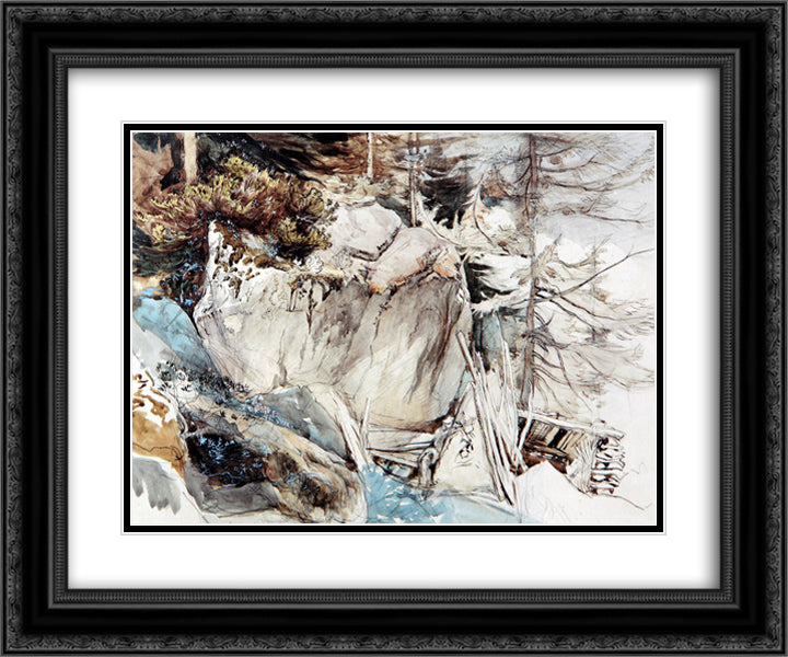 Mountain Rock and Alpine Rose 24x20 Black Ornate Wood Framed Art Print Poster with Double Matting by Ruskin, John