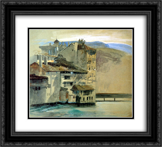 Old Houses on the Rhone Island, Geneva 22x20 Black Ornate Wood Framed Art Print Poster with Double Matting by Ruskin, John