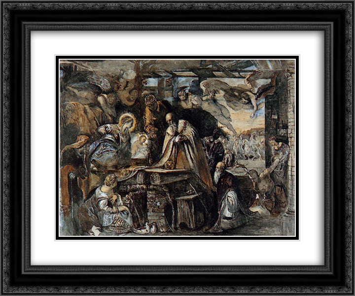 Study from Tintoretto's Adoration of the Magi 24x20 Black Ornate Wood Framed Art Print Poster with Double Matting by Ruskin, John