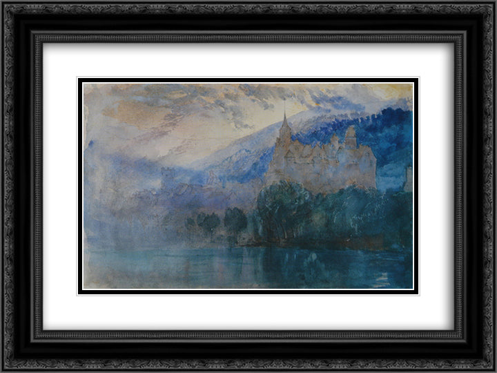 The Chateau of Neuchatel at dusk, with Jura mountains beyond 24x18 Black Ornate Wood Framed Art Print Poster with Double Matting by Ruskin, John