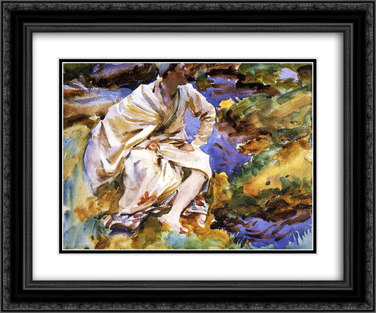A Man Seated by a Stream 24x20 Black Ornate Wood Framed Art Print Poster with Double Matting by Sargent, John Singer