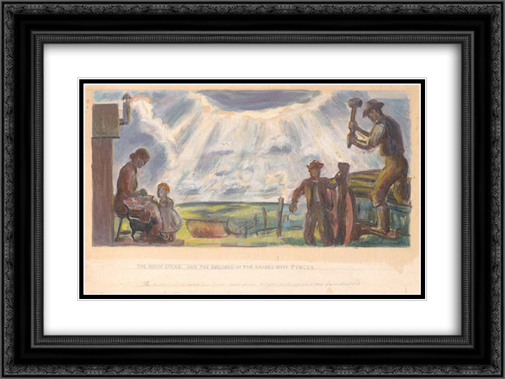 The Homestead and the Building of the Barbed Wire Fences 24x18 Black Ornate Wood Framed Art Print Poster with Double Matting by Steuart Curry, John