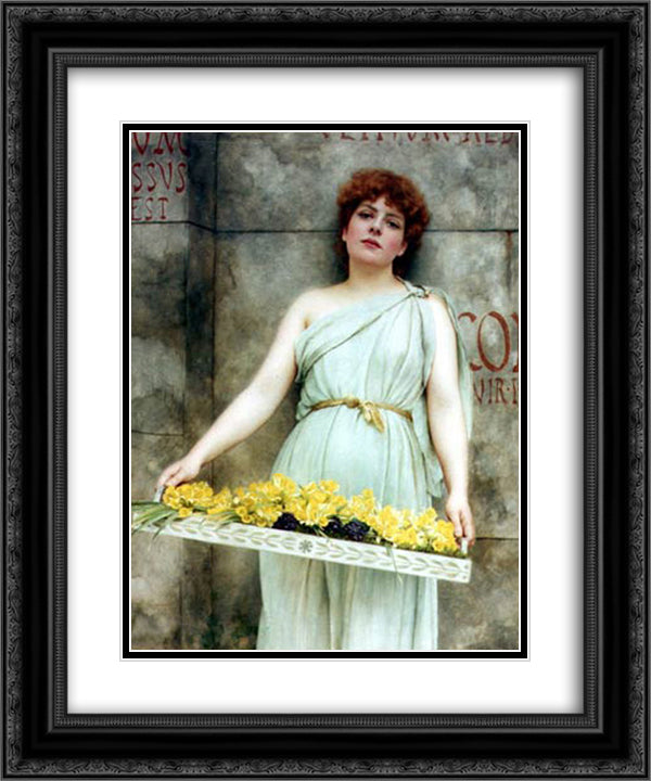 A Flower Seller 20x24 Black Ornate Wood Framed Art Print Poster with Double Matting by Godward, John William