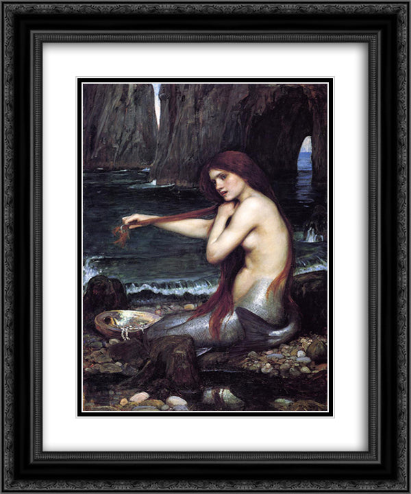 A Mermaid 20x24 Black Ornate Wood Framed Art Print Poster with Double Matting by Waterhouse, John William