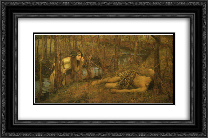 A Naiad 24x16 Black Ornate Wood Framed Art Print Poster with Double Matting by Waterhouse, John William