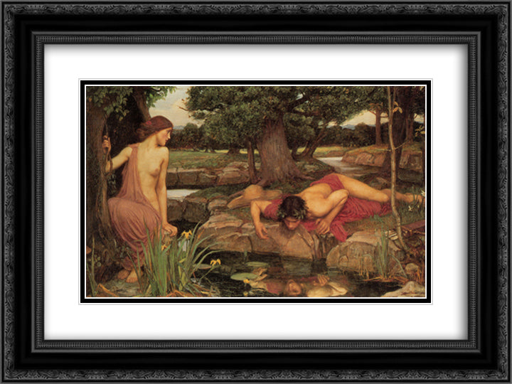 Echo and Narcissus 24x18 Black Ornate Wood Framed Art Print Poster with Double Matting by Waterhouse, John William