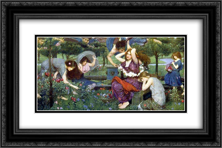 Flora and the Zephyrs 24x16 Black Ornate Wood Framed Art Print Poster with Double Matting by Waterhouse, John William