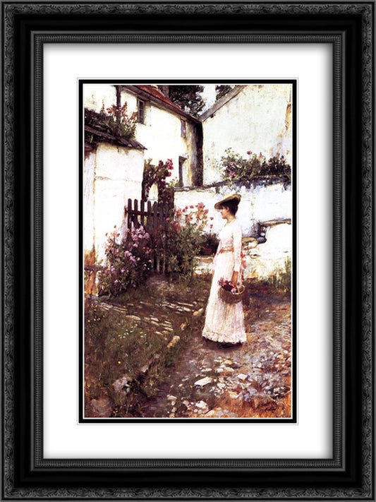 Gathering Summer Flowers in a Devonshire Garden 18x24 Black Ornate Wood Framed Art Print Poster with Double Matting by Waterhouse, John William