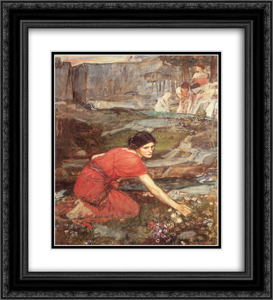 Maidens picking Flowers by a Stream 20x22 Black Ornate Wood Framed Art Print Poster with Double Matting by Waterhouse, John William