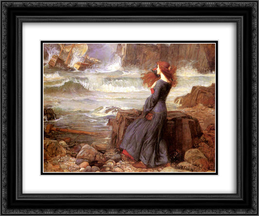 Miranda 24x20 Black Ornate Wood Framed Art Print Poster with Double Matting by Waterhouse, John William