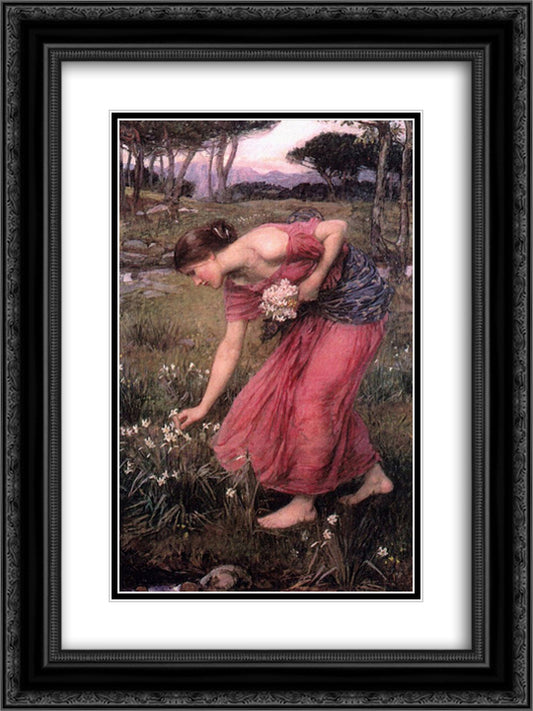 Narcissus 18x24 Black Ornate Wood Framed Art Print Poster with Double Matting by Waterhouse, John William