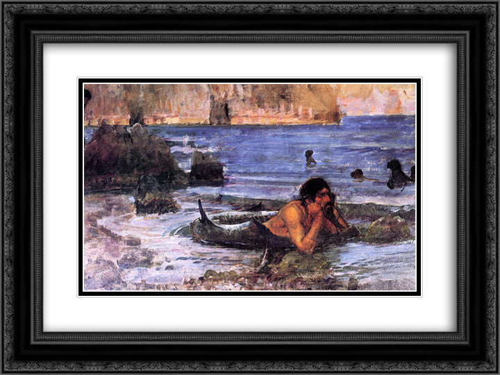 The Merman 24x18 Black Ornate Wood Framed Art Print Poster with Double Matting by Waterhouse, John William